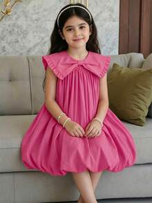 SHEIN Young Girls/Young Girl Solid Color Ruffled Collar Sleeveless Waist Dress - Hot Pink - View 2