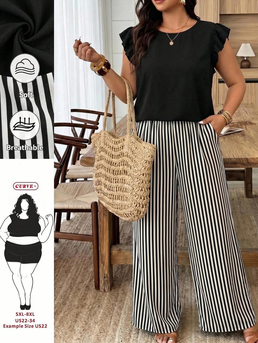 SHEIN CURVE+ Plus Size Women's Solid Color Round Neck Top And Striped Long Pants Casual Daily Two Pieces Set - White - View 1
