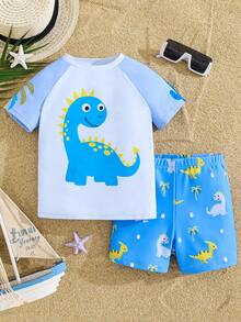 SHEIN 2pcs Kids Boys Casual Versatile Cute Dinosaur Print Round Neck Short Sleeve Swimsuit & Gradient Palm Tree Print Swim Trunks Set - Blue - View 2