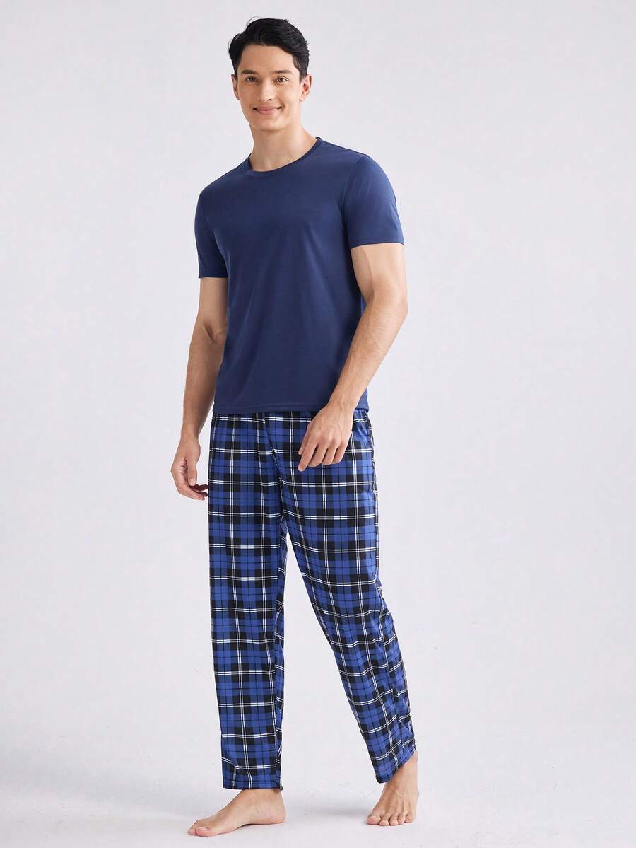 SHEIN Provexi 男士夏季舒適純色短袖T恤與格紋長褲居家休閒套裝 - 寶藍色 - 查看 1