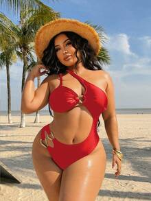 Swim SXY Plus Size Women's Solid Brown Knit One-Piece Swimsuit, Minimalist Casual Halter Strap Design - Red - View 4