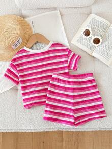LMoss Kids 2pcs Baby Girl Knitted Striped Round Neck T-Shirt And Shorts Set - Hot Pink - View 2
