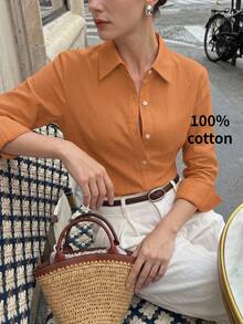 BizChic Brown Shirt, Business Formal, Vacation Style, Slouchy, Commute, Date, Daily, Vacation, Office, Slimming, Elegant, Versatile, Summer, Autumn, Halloween, Back To School, Party, Birthday, Wedding Guest, Church, Special Occasion, Outing, Beach, Gathering, Social, Holiday, Shopping, Afternoon Tea, Travel, Minimalist - Brown - View 2