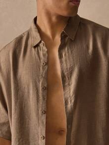 Musero Short Sleeve Boxy Button Through Collared Drop Shoulder Linen Shirt Spring Summer Holiday Essentials Beachside - Khaki - View 2