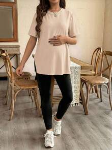 SHEIN Maternity Spring/Summer/Autumn Casual Daily Commute Short Sleeve Split Hem T-Shirt And Adjustable Waist Skinny Long Pants Set - Apricot - View 4