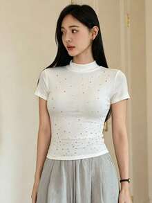 DAZY 新款秋冬水钻装饰修身女士吊带背心 - 白色 - 查看 4