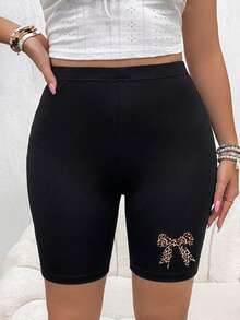 SHEIN VCAY Quần short biker nữ phong cách thường ngày | Cạp cao màu đen - Họa tiết nơ báo đốm ôm sát nâng mông quần short yoga đồ thể thao - màu đen - Xem 3