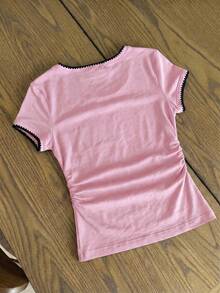 SHEIN EZwear 3件組女款休閒極簡方領舒適對比色貝殼圖案刺繡T恤，時尚百搭，適合外出、街頭風、搭配與度假 - 彩色 - 查看 7