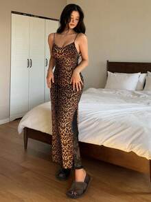 DAZY 无袖细肩带露背豹纹女式睡袍睡衣 - 咖啡棕 - 查看 6