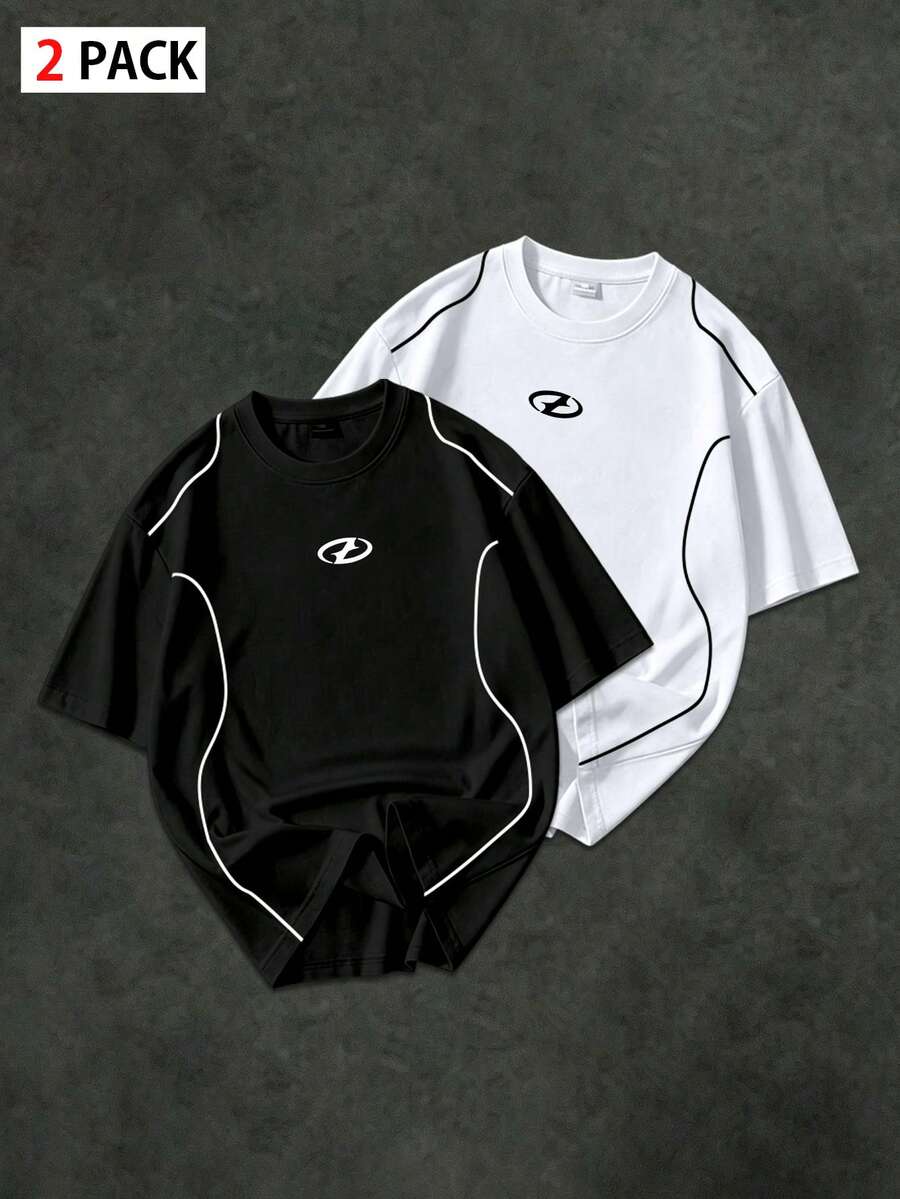 Sport MetroGents Men's 2pcs Summer Loose Comfortable Drop Shoulder Sports T-Shirt 2pcs Set, Gym, Holiday - Black - View 1