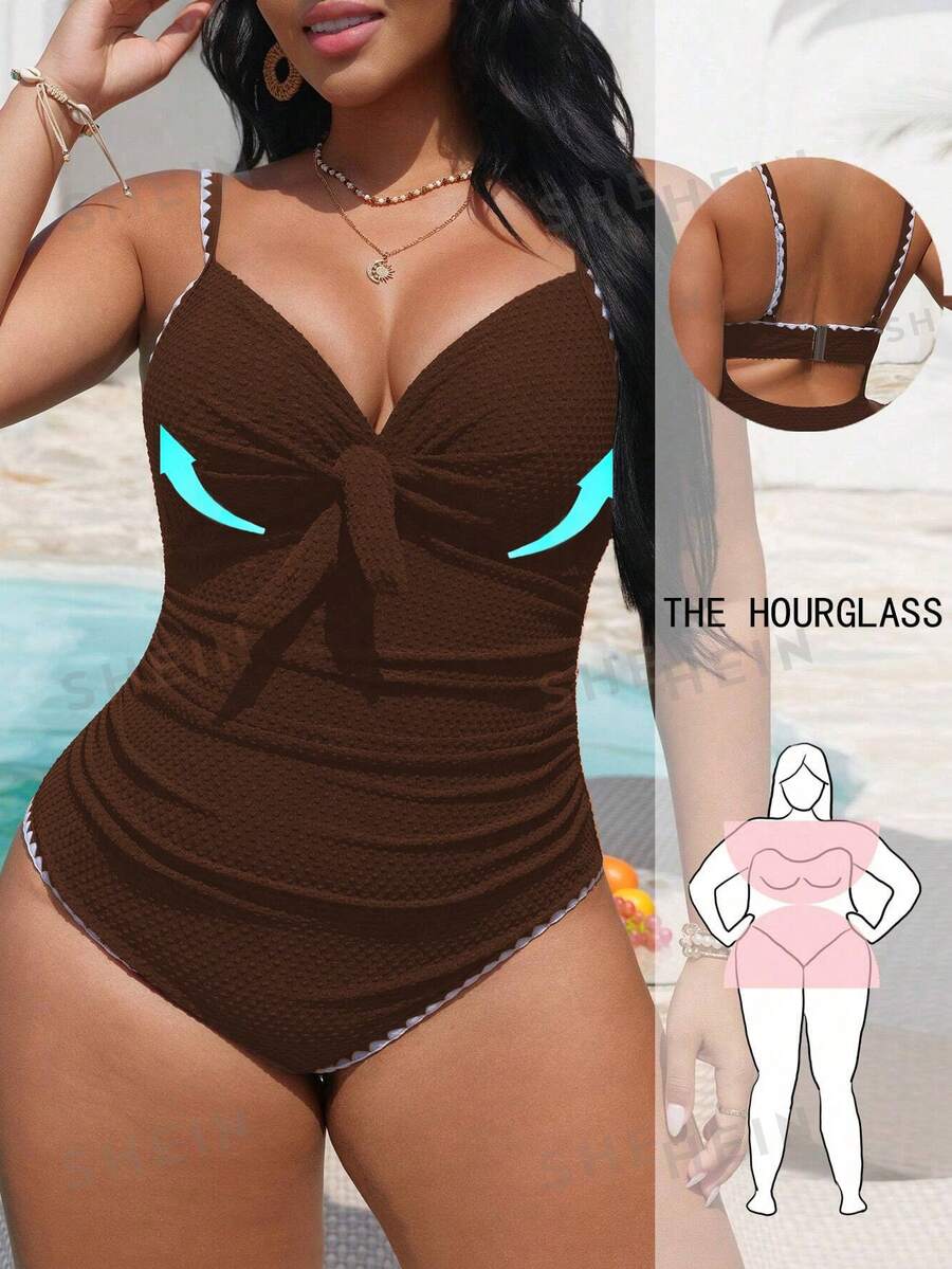 Swim Vcay 2026 New Plus Size One-Piece Swimsuit, Minimalist Daily Wear Beach Outfit For Women, Spring/Summer - Brown - View 1