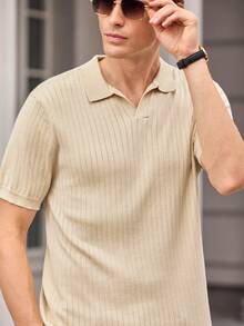 Officeau Sweater Rajut Lengan Pendek Kerah Polo Retro Pria, Sweater Lengan Pendek Kerah Pesawat Bergaris Vertikal Aprikot Baru, Pakaian Musim Panas - Aprikot - View 7