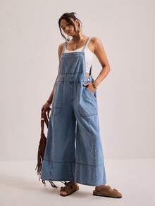 Freevana Plus Size Women's Pocket Casual Formal Daily Travel Denim Strapless Wide Leg Jumpsuit Light Blue Summer - Medium Wash - View 1