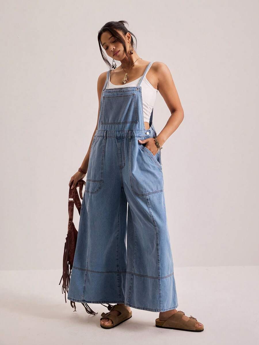 Freevana Plus Size Women's Pocket Casual Formal Daily Travel Denim Strapless Wide Leg Jumpsuit Light Blue Summer - Medium Wash - View 1