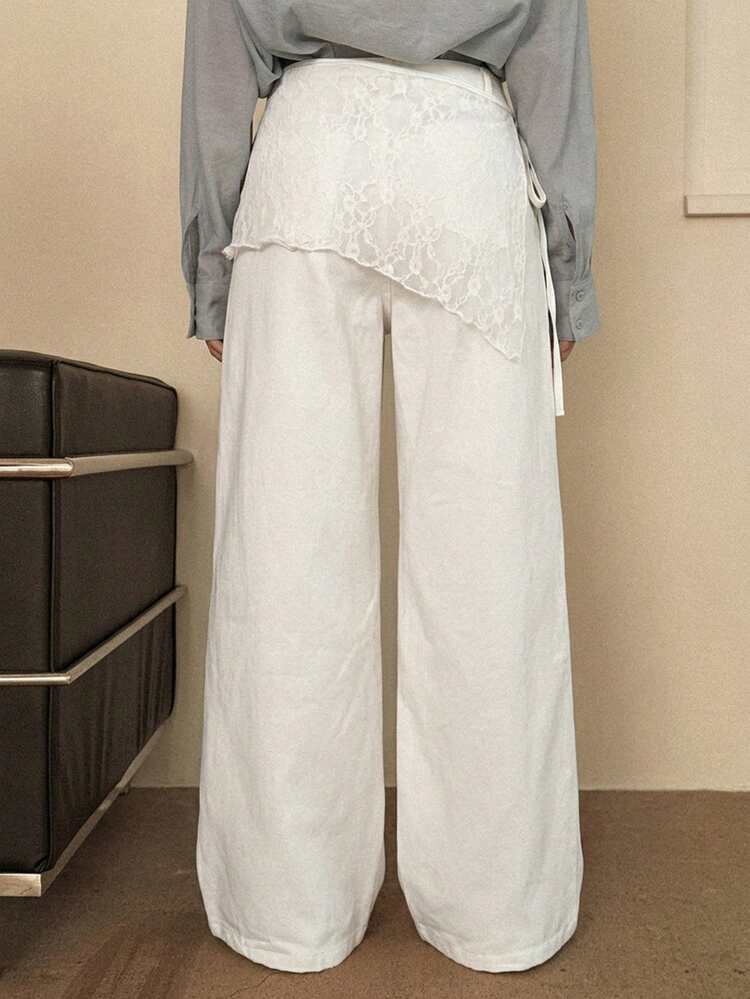 Women's Spring/Summer Loose Fit Pocket Flared Jeans Paired With Lace Hem