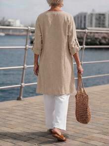 SHEIN LUNE V-Neck Half-Button Adjustable Rolled Sleeve Side Slit Long Shirt Blouse + White Elastic Waist Harem Pants Middle-Aged Women's Set - Multicolor - View 3