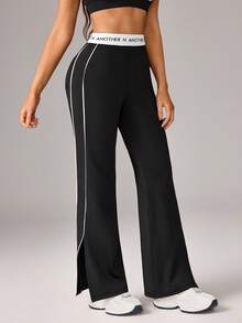 Dewbera Dewbera Women's Casual Letter Tape Contrast Piping Split Hem Straight Leg Sweatpants - Black - View 5