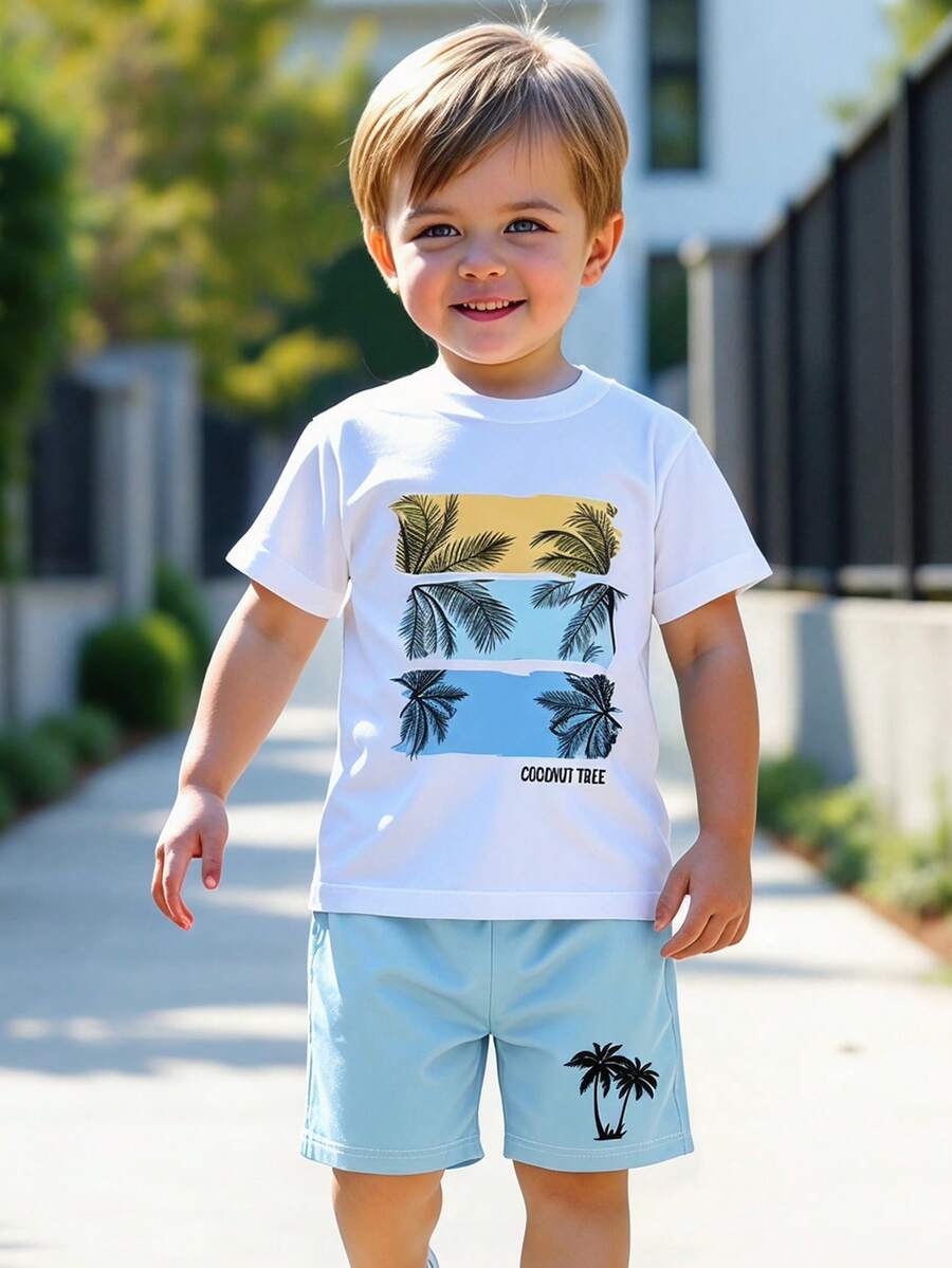 Young Boys Set Of Summer Casual, Breezy, Coconut Tree Print Short-Sleeved Shirt And Shorts For Boys. - Multicolor - View 1