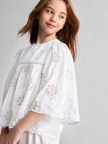 Maija Kids Maija Kids 青少年女孩寬鬆刺繡布料襯衫、上衣、開學季、夏季上衣、Y2k、女童衣服、女童襯衫、秋季、度假、波西米亞風上衣 - 白色 - 查看 4