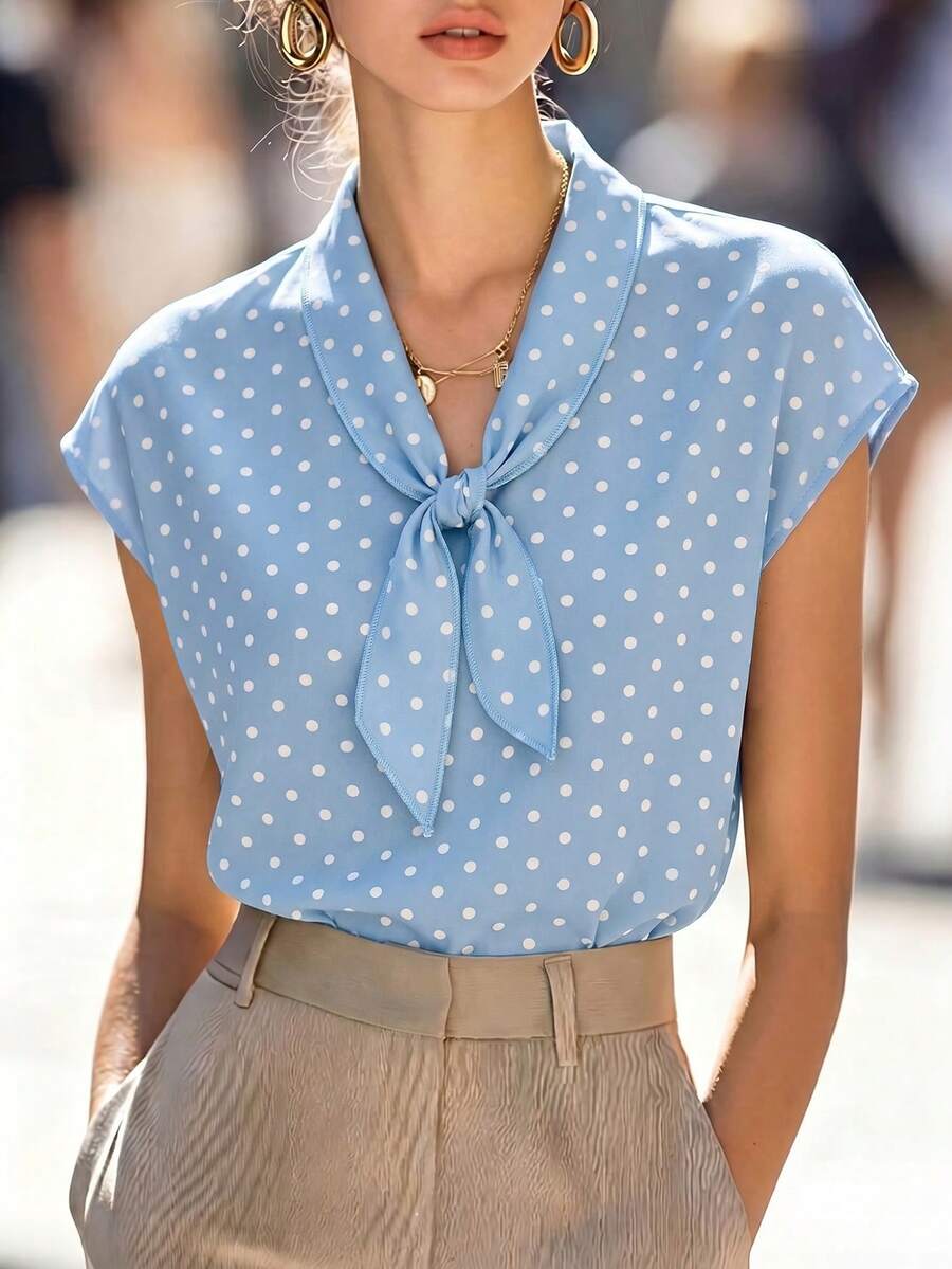 SHEIN 女款藍色波點襯衫,蝴蝶結領設計,春夏教師節辦公室法式優雅風 - 藍色 - 查看 1