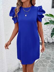 SHEIN Clasi Women's Solid Color Round Neck Short Puff Sleeve Casual Short Dress - Royal Blue - View 6