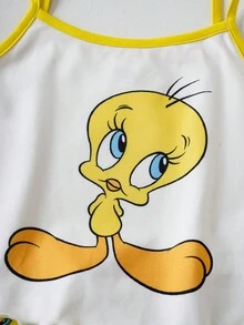 LOONEY TUNES X SHEIN 少女夏季趣味可愛卡通印花對比滾邊荷葉邊吊帶上衣與短褲睡衣套裝 - 黃色 - 查看 4