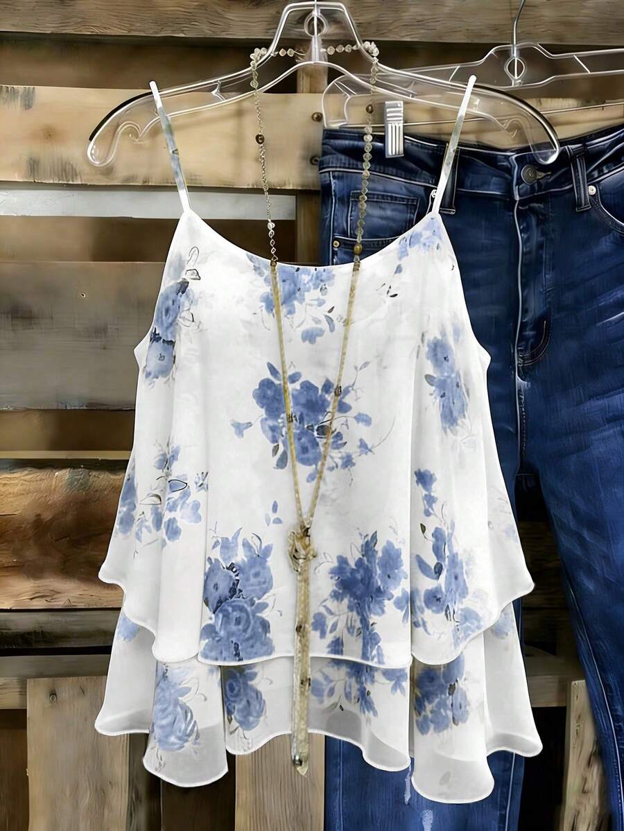 Linhara CURVE Plus Size Woven Printed Summer Women's Beach Cover-Up And Tank Top - Blue - View 1