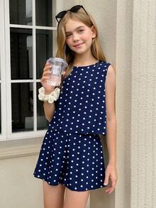 SHEIN Bộ 2 món cho bé gái tuổi teen, áo hai dây và quần short in họa tiết chấm bi, màu xanh navy. - Màu xanh hải quân - Xem 2