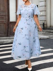 EMERY ROSE Women's Plus Size Spring/Summer Chiffon Floral Print Dress, Suitable For Elegant Dates Evening Formal, Fresh Style Wedding Guest Light Blue Wedding - Blue - View 3