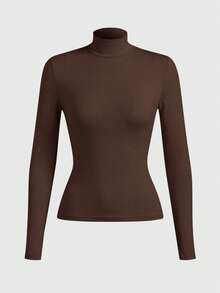 Fluxe Women's Casual Solid Color Knit Fitted Regular Collar Long Sleeve T-Shirt - Coffee Brown - View 4