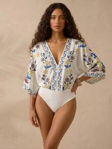 CAJUNI Women's V-Neck Floral Print Casual Boho Bodysuit, Versatile For Daily Wear Vacation Off White Summer - Multicolor - View 7