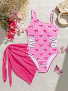SHEIN Tween Girl Summer Vacation Beach Bow Print Cutout One-Piece Swimsuit And Cover-Up Skirt - Hot Pink - View 3