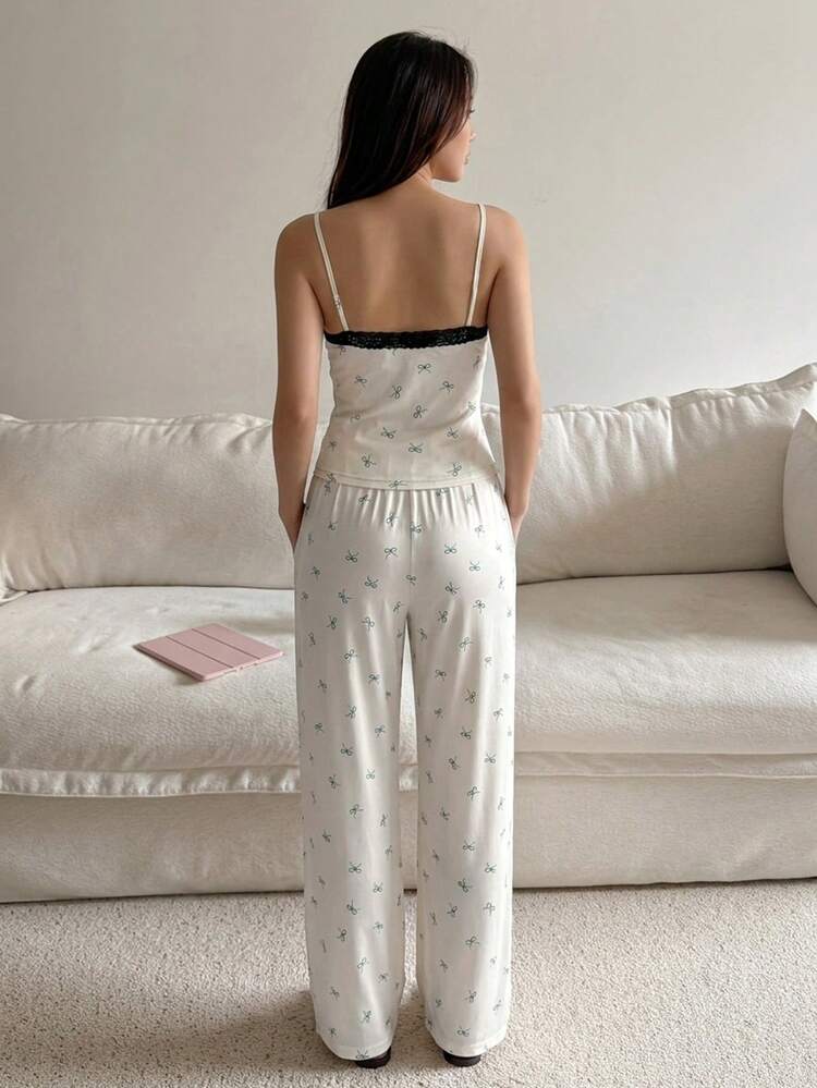 2pcs Sweet Butterfly Print Lace Patchwork Slim Fit Sleeveless Camisole And Loose Straight Leg Long Pajama Pants Set, Women Summer Sleepwear