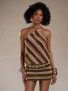 Normani Summer Festival Party Night Out Vacation Beach Graduation Elegant Sexy Country Y2k Women's Contrast Color Brown Striped Backless Halter Mini Dress - Coffee - View 5