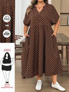 SHEIN CURVE+ Vestido de bebé talla grande para mujer, vestido holgado, vestido de verano de manga corta, ropa holgada y cómoda talla grande, vestido estampado, vestido casual de vacaciones, vestido casual para mujer, vestido casual de iglesia para mujer, vestido casual de maestra talla grande, falda de burbuja de otoño para mujer, vestido de trabajo, vestido de salida, vestido casual - Marrón - Ver 2