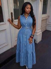 BriallanyX BriallanyX Plus Size Denim Dress With Waist Belt - Blue - View 6