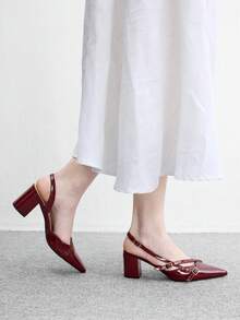 CUCCOO BIZCHIC 勃根地酒紅色漆皮尖頭露跟涼鞋女款，法式交叉帶扣細高跟鞋 - 酒紅色1 - 查看 5
