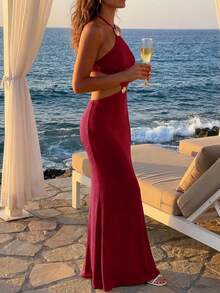 Aloruh Vestido de mujer con decoración de metal, espalda descubierta y cuello halter - Burdeos - Ver 3