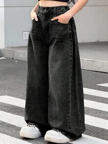 SHEIN Little Byeori 少女 Y2K 夏季休閒黑色丹寧寬鬆大寬腿鬆垮牛仔褲，適合春夏日常穿搭、街頭風、音樂祭、派對、海灘、生日、鄉村風、2000年代鬆垮牛仔褲 - 黑色 - 查看 6