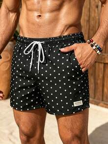 Manfinity Swimmode 夏季男士波點印花黑色沙灘短褲，熱帶度假風抽繩腰泳褲，斜口袋情侶約會款 - 黑色 - 查看 4