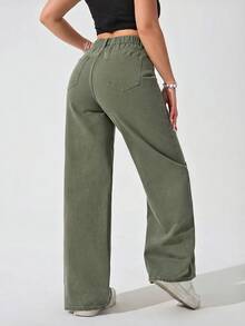 Jeanoix Pantalones vaqueros casuales de unicolor simple para mujer de talla grande Y2k - Verde militar - Ver 2