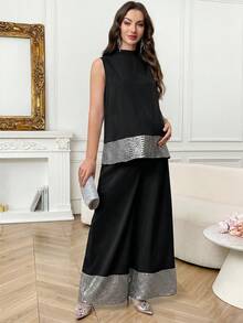 SHEIN 孕婦亮片拼接背心上衣與可調腰寬褲 2 件套裝 - 黑色 - 查看 4