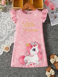 SHEIN Elladie kids 少女獨角獸印花圓領短袖休閒洋裝 - 粉色 - 查看 3