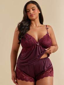 SHEIN BAE CURVE 蕾丝拼接高弹针织性感露背吊带背心和短裤睡衣套装，加大码 - 紫紅色 - 查看 4
