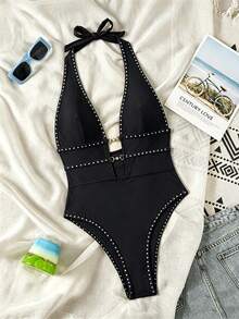 Bonvoyette Springbreak Swim SXY 女款黑色深V掛脖性感連身泳衣 節慶波希米亞風 - 彩色 - 查看 4