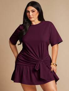 SHEIN BAE Gaun Pendek Lengan Pendek dengan Ikat Pinggang Warna Aprikot untuk Wanita Ukuran Besar - Purple - View 4