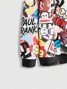 Paul Frank X ROMWE Plus Size Women's Casual Fashion Street Chic Graffiti Cartoon Print Zip-Up Drawstring Hooded Loose Sweatshirt, Spring/Autumn - Black - View 4