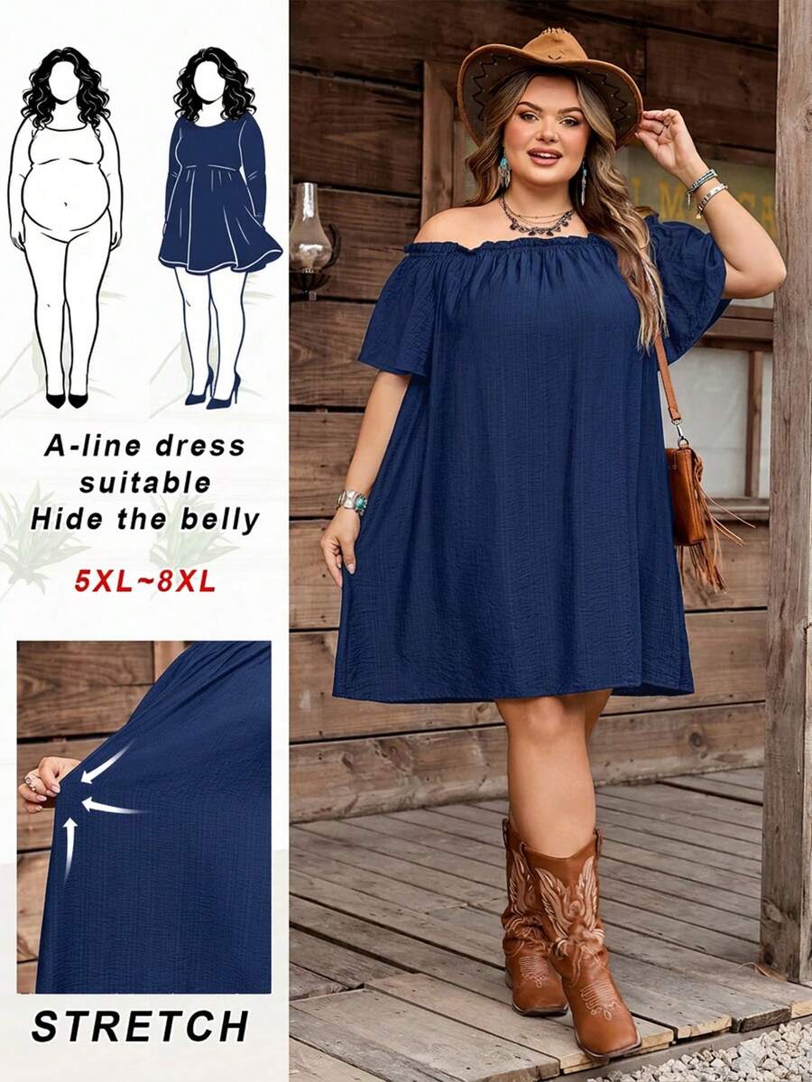 SHEIN CURVE+ Curve Size US22Music Festival, Seaside Vacation, Bohemia Women's Summer Fashion Casual Loose Comfortable Breathable Versatile Off-Shoulder Exposed Shoulder Black Mini Skirt, Suitable For Daily Wear, Vacation, Ibiza, European Summer, Afternoon Tea Party, Beach Outfit, Brunch, Etc. - Navy Blue - View 1