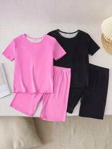 Teenage Girls' Hot Pink Tight-Fitting Pajama Set,Basic Round Neck Short Sleeve Shorts Homewear,Comfortable Snug Fit Summer Casual Family Matching - Multicolor - View 2