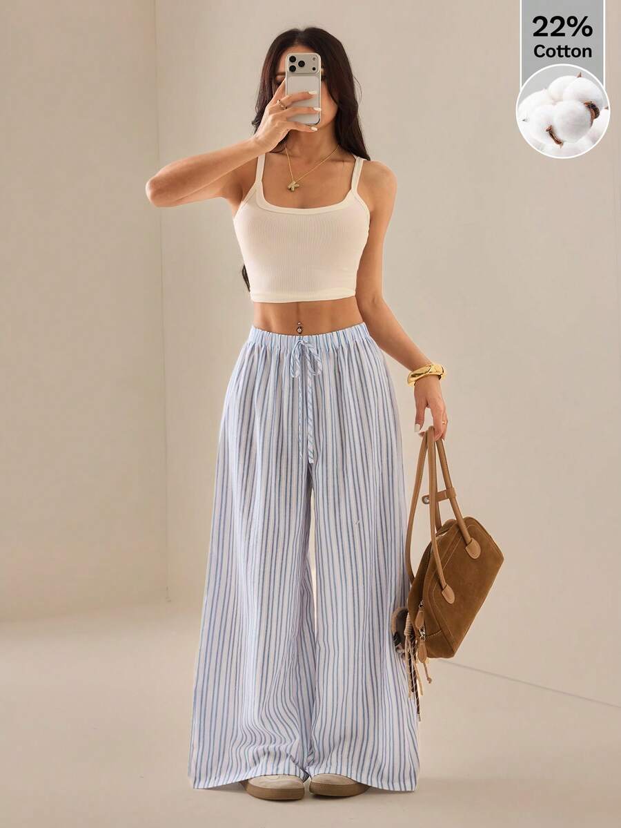 SHEIN PETITE 女士休闲宽松条纹阔腿裤 - 黑與白 - 查看 1